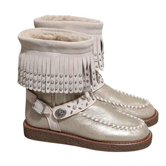 Coach Roccasin Shearling Boot size 6B metallic pearl fringe studded Moccasin - Picture 12 of 12